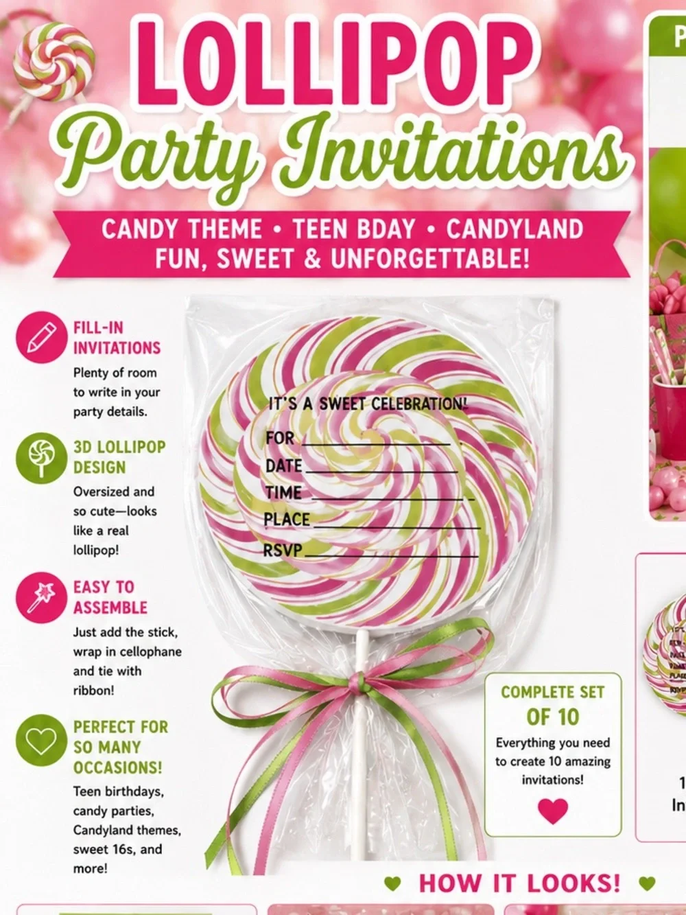 Pink & Green Lollipop Party Invitations 🍭 Teen Candy Birthday – Pack of 10